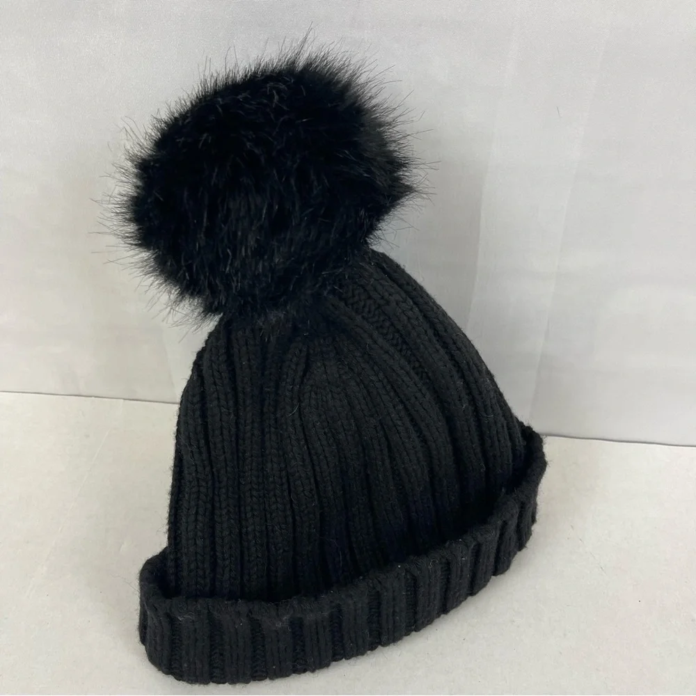 J.Crew Black Knit Beanie Hat Faux Fur Pom One Size OS Ribbed Winter Cold Weather